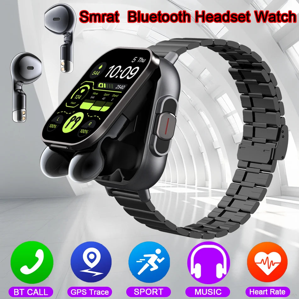 "2025 Smart Watch 2-in-1 with Earphone ⌚🎧 | Bluetooth Call, GPS Track, Heart Rate Monitor & Music Player for Men!"