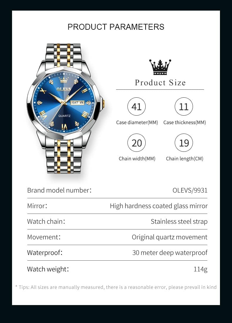 Luxury Men's Diamond Watch - Business Dress Analog Quartz Stainless Steel Waterproof Luminous Date Two-Tone Casual Wristwatch