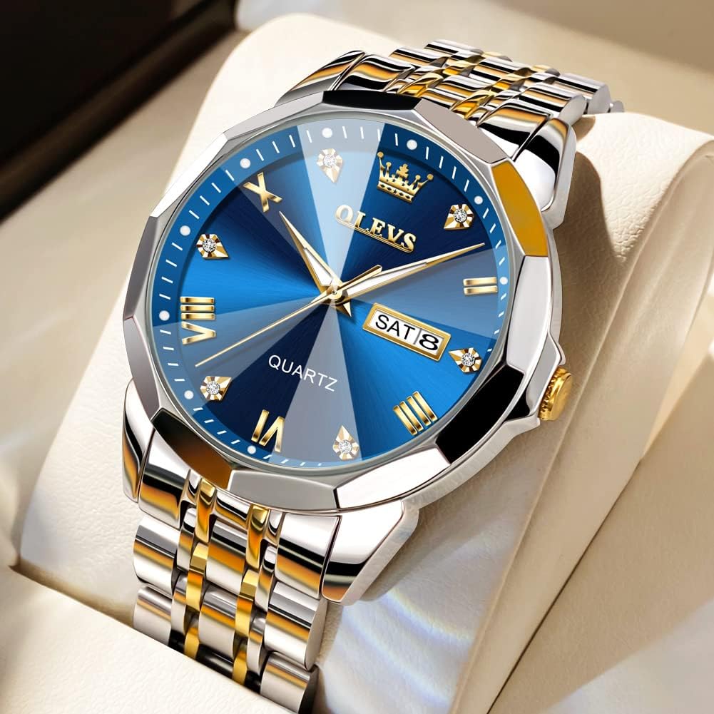 Luxury Men's Diamond Watch - Business Dress Analog Quartz Stainless Steel Waterproof Luminous Date Two-Tone Casual Wristwatch