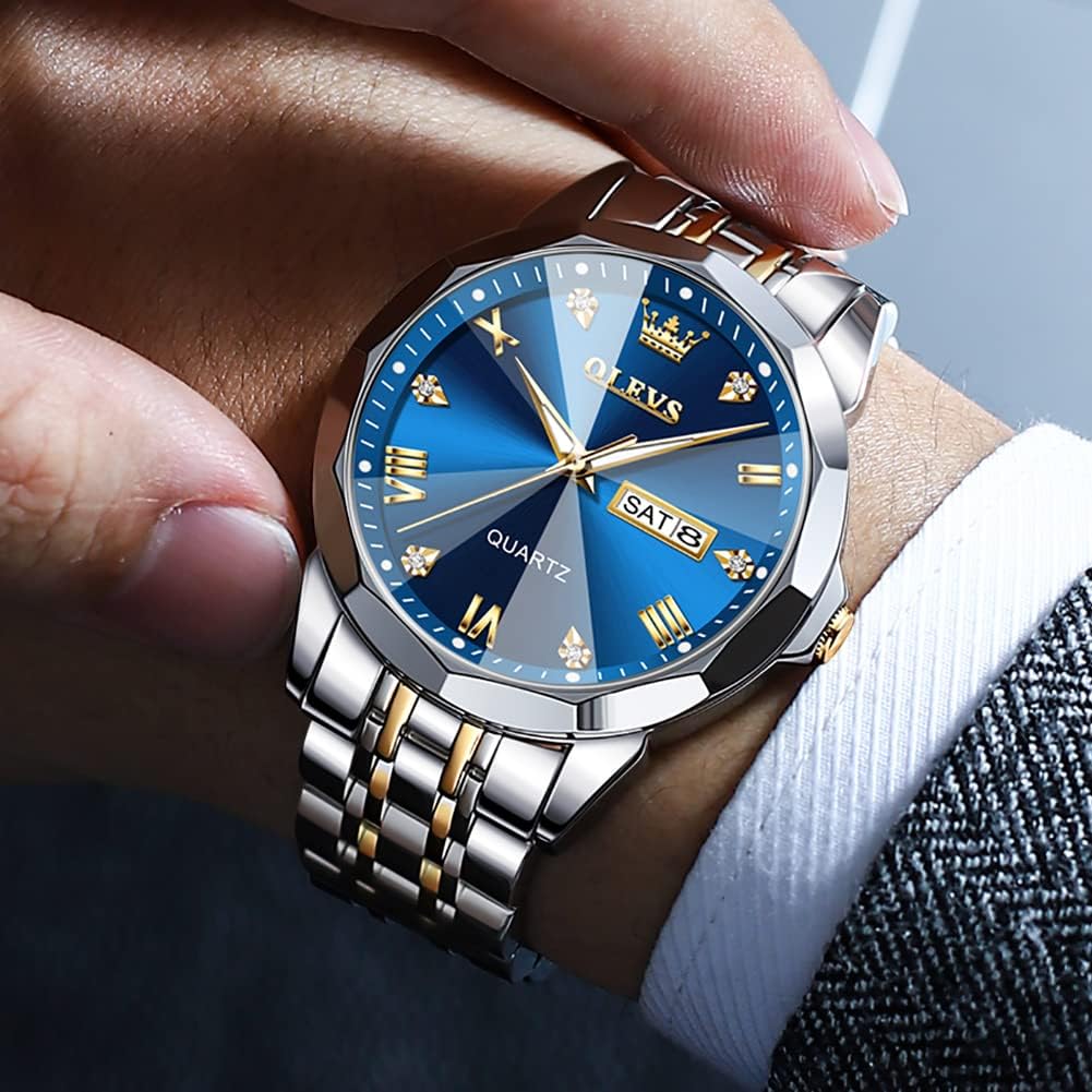 Luxury Men's Diamond Watch - Business Dress Analog Quartz Stainless Steel Waterproof Luminous Date Two-Tone Casual Wristwatch