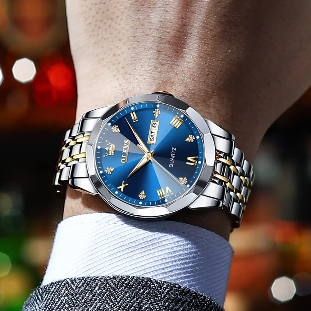 Luxury Men's Diamond Watch - Business Dress Analog Quartz Stainless Steel Waterproof Luminous Date Two-Tone Casual Wristwatch