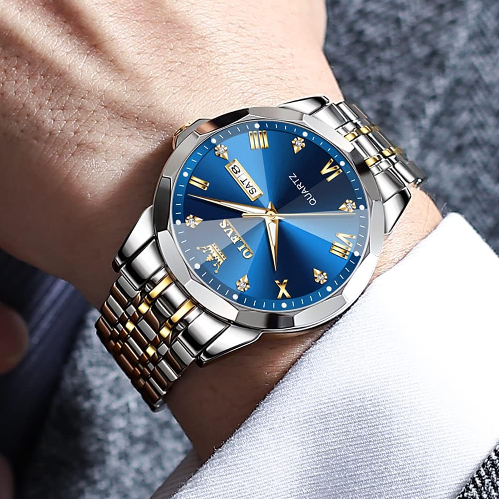 Luxury Men's Diamond Watch - Business Dress Analog Quartz Stainless Steel Waterproof Luminous Date Two-Tone Casual Wristwatch