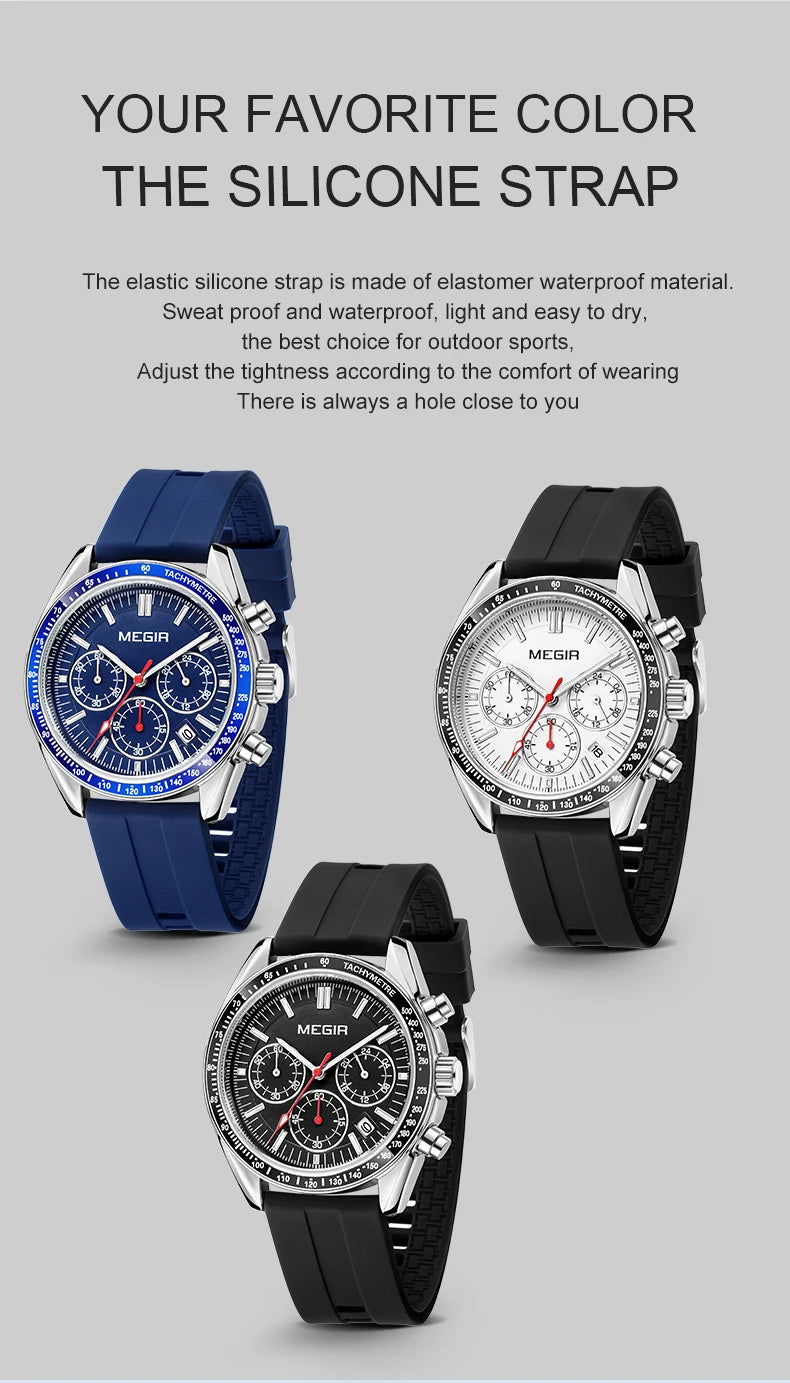 "MEGIR 8105 Chronograph Watch ⌚ Sporty & Stylish Quartz Wristwatch 🌟 Luminous Silicone Strap, Date & 24-Hour Display!"