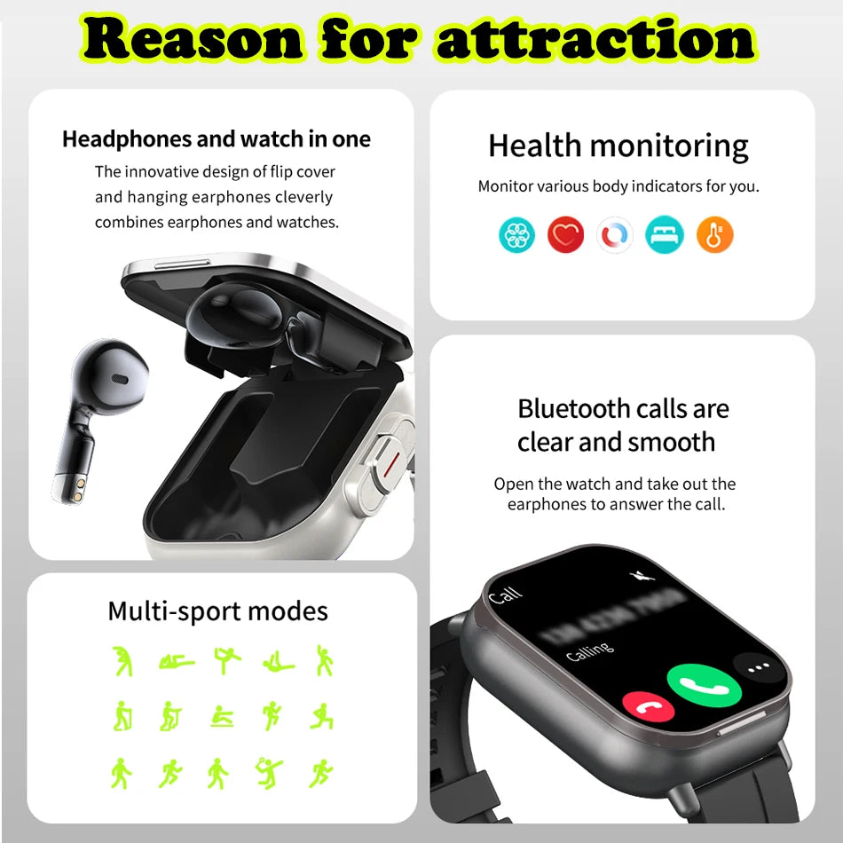 "2025 Smart Watch 2-in-1 with Earphone ⌚🎧 | Bluetooth Call, GPS Track, Heart Rate Monitor & Music Player for Men!"